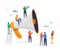 Big megaphone with a small people, teamwork. Business promotion, attention, advertising, online alerting. Vector flat