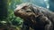 Big monitor lizard like Komodo dragon close-up, portrait of wild reptile, ancient dinosaur on green forest background. Concept of