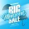 Big Monsoon Season Sale special offer banner with hand drawn lettering and umbrellas for monsoon season shopping.