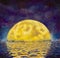 Big moon. Original acrylic painting A large glowing moon is reflected in water, sea, ocean. Night landscape with a big moon on a b