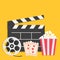 Big movie reel Open clapper board Popcorn box package Ticket Admit one. Three star. Cinema icon set. Flat design style. Yellow bac