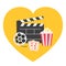 Big movie reel Open clapper board Popcorn box package Ticket Admit one. Three star. Heart shape. I love cinema icon set. Flat