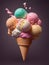 A big multicolored ice cream cone with balls of creamy vanilla, vibrant strawberry and other multiple flavors