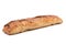 A big natural baguette with spices seeds, isolated on a white background. A baked product from flour.