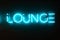 Big neon blue lettering lounge hanging on the wall