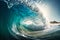 Big ocean clear blue surfer wave tube closeup. Generative AI