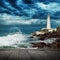 Big ocean wave, lighthouse and wood pier