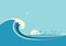 Big ocean wave and tropical island. Vector blue background