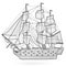 Big old wooden historical sailing wire boat on white. With sails, mast, brown deck, guns