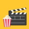 Big open clapper board Popcorn Cinema Movie icon sign symbol set. Red white lined box. Flat design style. Yellow background.