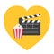 Big open clapper board Popcorn Heart shape. I love movie cinema icon sign symbol set. Red white lined box. Flat design style.