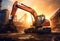 Big Orange Excavator Works on a Construction Site extreme closeup. Genertive AI