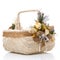 Big original basket of natural vines. Decor with natural components, lavender, greenery, burlap and decorative wooden