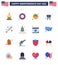 Big Pack of 16 USA Happy Independence Day USA Vector Flats and Editable Symbols of spaceship; launcher; flag; hardball; baseball