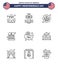 Big Pack of 9 USA Happy Independence Day USA Vector Lines and Editable Symbols of usa; map; flag; hat; entertainment
