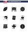 Big Pack of 9 USA Happy Independence Day USA Vector Solid Glyphs and Editable Symbols of love; outdoor; entrance; match; camping
