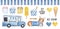 Big pack of various yummy ice cream products, funny corgi puppy character, restaurant car, striped seamless awning pattern, wooden