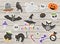 Big pack of vector Halloween stickers on wooden background. Traditional Samhain party clipart. Scary collection with jack-o-