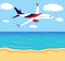 Big passenger airplane in half-profile, flying in the sky above the seashore. Travel, tourism, summer vacation background, poster.