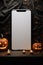 Big phone mock up blank screen on Halloween Thanksgiving background.