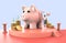 Big Piggy Bank ceramic with people climb the ladder to deposit gold coins and Many gold coins on the floor growth concept, 3D illu
