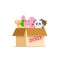 Big pile of animal dolls inside a box. Isolated on a white background