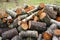 Big pile of firewood. Big pile of firewood for fireplace. sawn tree trunks red aspen and birch, piled in a heap