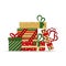 Big pile of gift boxes in festive wrapping paper with ribbon and bows. Different presents for Christmas holiday. Flat