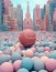 Big pink basketball ball in a city full of colorful ball and buildings. Generative AI