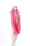 Big pink scarf pitcher on Headless Mannequin Cloth Display Dressmaker doll figurine. Fashion designer clothes.