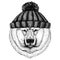 Big polar bear, White bear Cool animal wearing knitted winter hat. Warm headdress beanie Christmas cap for tattoo, t