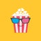 Big popcorn box face in 3D glasses. Cinema icon Flat design style.