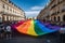 A big rainbow flag of the LGBT community in the city on parade, pride month, Generative AI 1