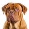 Big red dog breed Dogue de Bordeaux portrait isolated on white close-up,