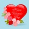 Big red heart shape with rose Valentine`s day card design.