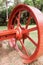 Big red metal wagon wheel