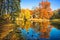 Big red oak and arch on the island with reflection in the pond in Tsaritsyno park in Moscow