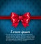 Big red ribbon bow on the rich classic blue pattern background with place for your text. VIP Luxury red card template