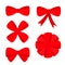 Big red ribbon Christmas bow icon set. Decoration element for giftbox present. Flat design. White background. Isolated.