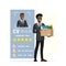 Big resume and african american man candidate holds box with things. New male employee, recruitment. Job seeker with cv. Team
