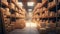 Big Retail Warehouse full of Shelves with Goods Stored on Manual Pallet Truck in Cardboard Boxes and Packages.