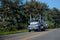 Big rig blue semi truck with trailer for transporting logs on road with trees