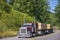 Big rig red semi truck with classic style transporting lumber on flat bed semi trailer driving on winding forest road