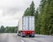 Big rig semi truck transporting cargo in long container mounted on a flat bed semi trailer running on the wide road with green