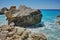 Big Rock in the blue waters of Megali Petra Beach, Lefkada, Ionian Islands
