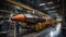 Big rocket in assembly shop of aerospace factory, large hangar of modern plant. Concept of space, industry, technology,