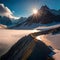 Big rocky mountain snowy tops and sunrise