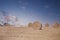 Big round bales on the field at sunset