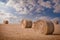 Big round bales on the field at sunset