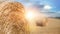 Big round bales on the field at sunset